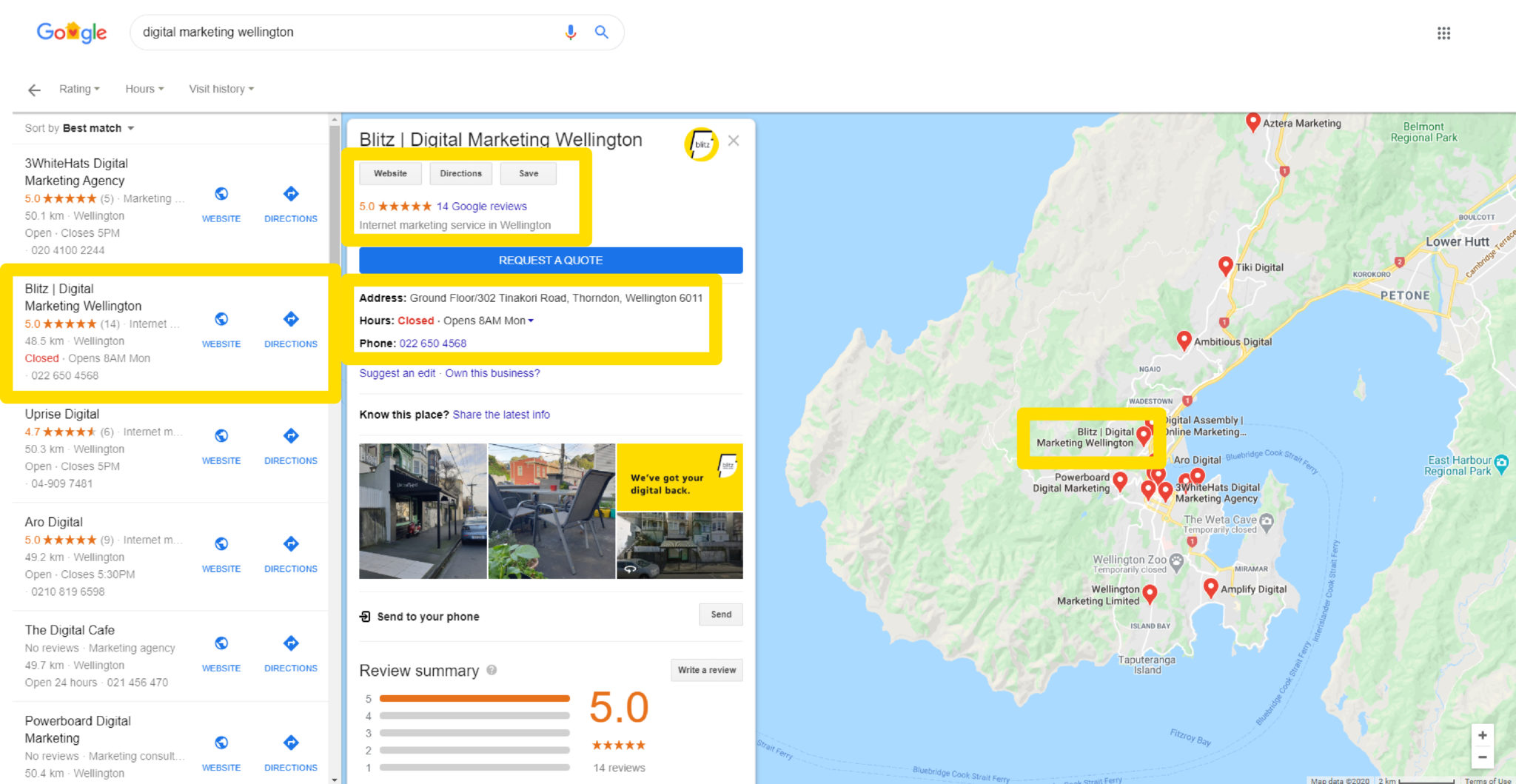 Overview of results related to digital marketing wellington in Google