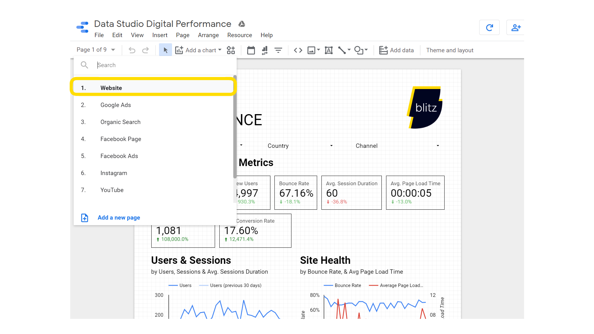 Overview of different pages in Google Data Studio